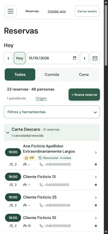 Interfaz de reservas TB&Go adaptada a pantalla móvil
